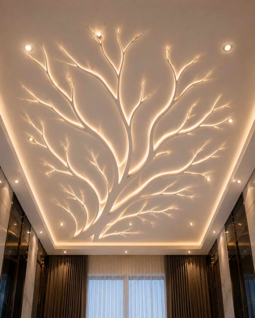 Nature-inspired false ceiling design featuring illuminated tree branches, warm LED backlighting, recessed spotlights, artistic organic patterns, and contemporary luxury interior decor.