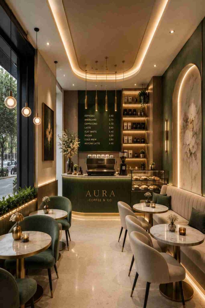 Modern luxury coffee shop interior with green and gold décor, marble tables, upholstered seating, warm LED lighting, pendant lights, illuminated shelves, and a stylish coffee counter.