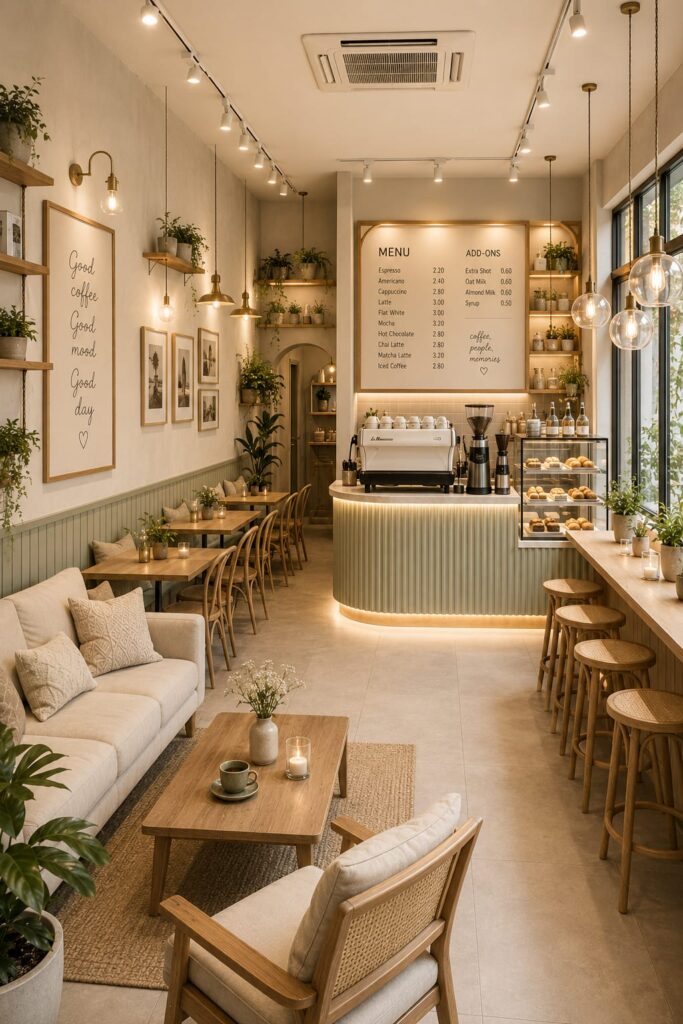 Cozy Scandinavian coffee shop interior featuring natural wood furniture, warm pendant lighting, indoor plants, comfortable seating, minimalist décor, and a modern coffee counter with bakery display.