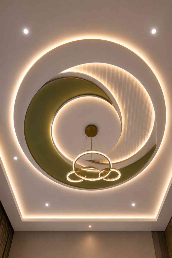 Circular POP false ceiling featuring layered gypsum design, recessed LED cove lighting, decorative ring chandelier, and premium ceiling detailing for a luxury living room interior.