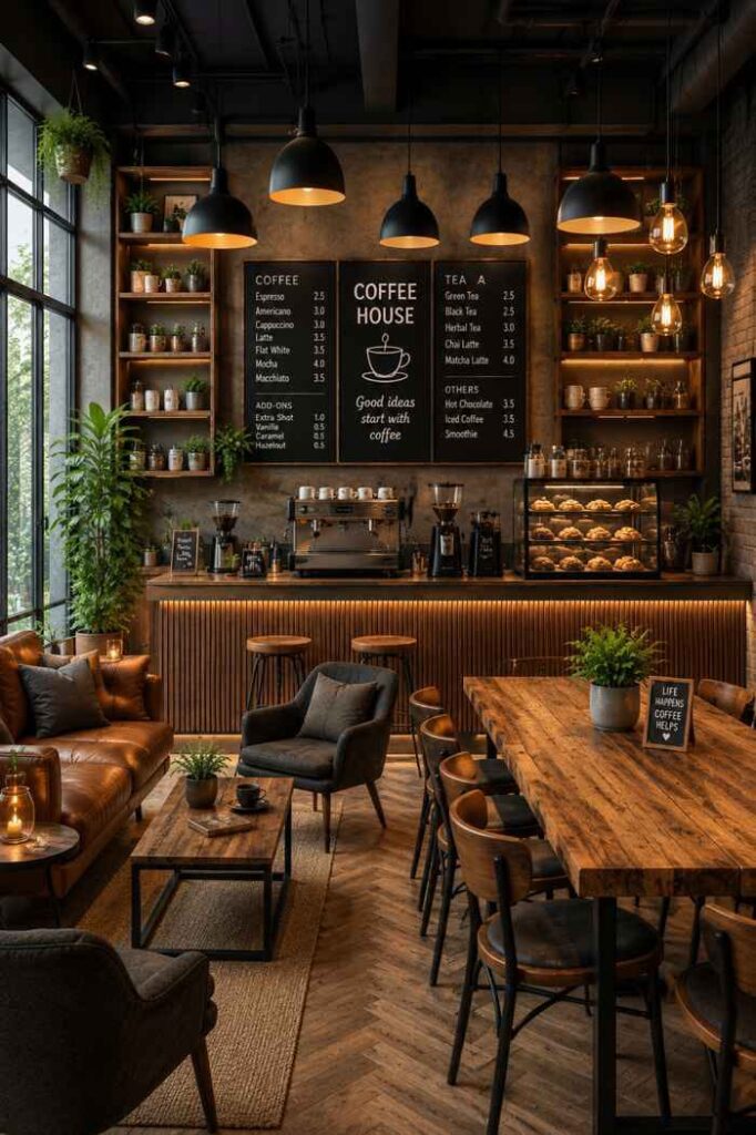 Industrial coffee house interior design featuring a rustic wooden café, premium coffee bar, pendant lighting, coffee menu wall, comfortable seating, bakery display, and commercial café décor.