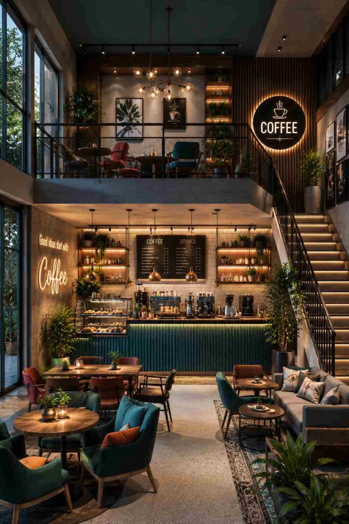 Luxury coffee shop interior design with a double-height café layout, premium coffee bar, stylish seating, ambient lighting, mezzanine floor, industrial décor, and contemporary café furniture.