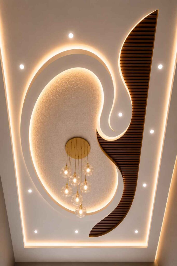 Luxury POP false ceiling featuring curved gypsum design, recessed LED strip lighting, decorative wooden panel, and modern glass pendant chandelier for an elegant living room interior.
