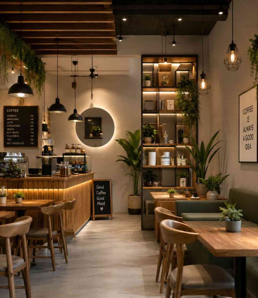 Minimalist café interior design with a wooden coffee bar, pendant lighting, open shelving, cozy seating, coffee counter, and modern commercial café décor for coffee houses.