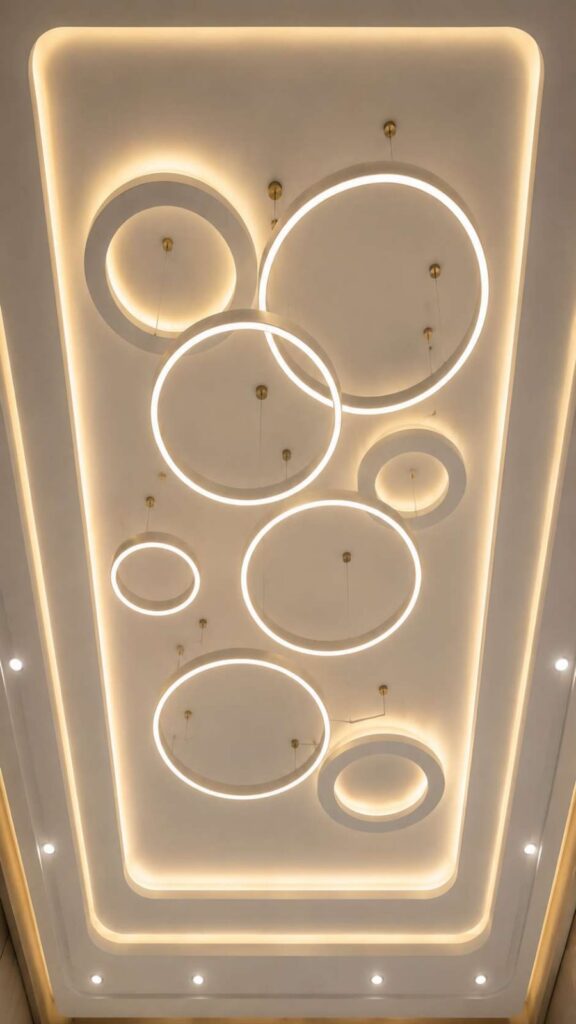 Ring LED false ceiling design with circular gypsum ceiling panels, recessed cove lighting, decorative ceiling lights, and premium living room ceiling ideas for luxury home interiors.