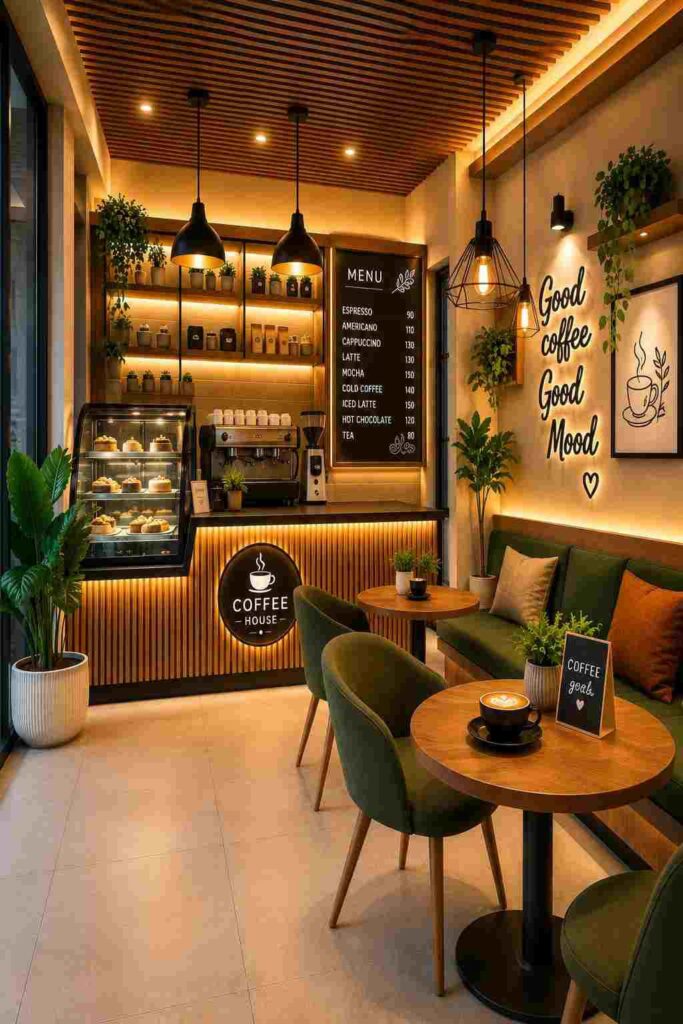 Small coffee shop interior design featuring a cozy café layout, wooden coffee counter, espresso machine, bakery display, pendant lighting, stylish seating, and commercial café décor.