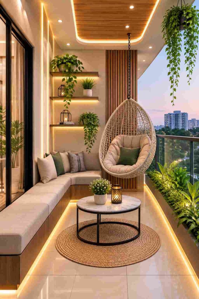 Apartment balcony with built-in bench seating, hanging egg chair, floating shelves, LED strip lighting, decorative plants, round coffee table, and stylish outdoor lounge design overlooking the city.
