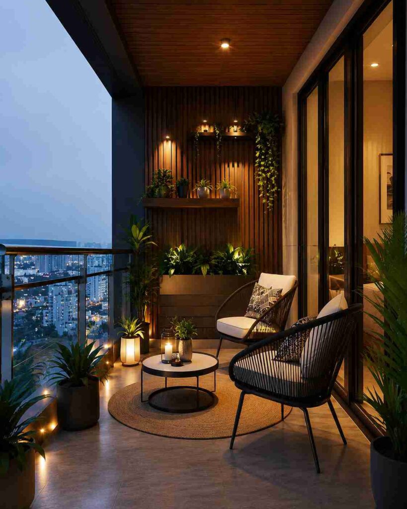 Modern luxury apartment balcony with stylish black outdoor chairs, a round coffee table, warm LED lighting, wooden accent wall, decorative plants, and a beautiful city skyline view, creating a cozy and elegant outdoor living space.