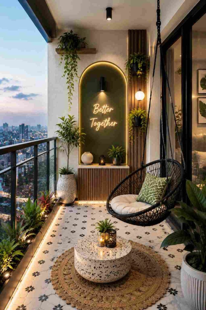 Modern luxury apartment balcony featuring a hanging swing chair, illuminated arch accent wall with a glowing "Better Together" sign, decorative plants, terrazzo coffee table, patterned floor tiles, warm ambient lighting, and a beautiful city skyline view.