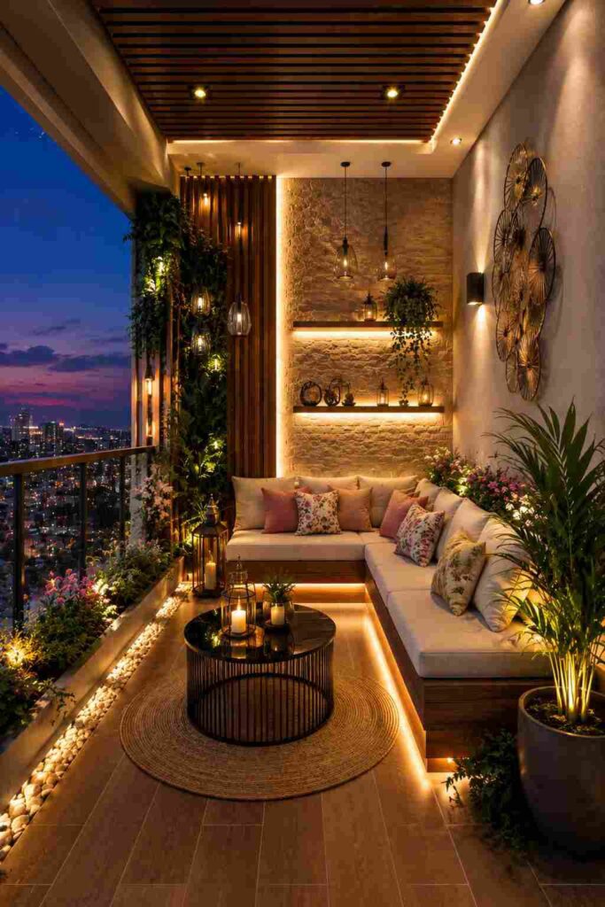 Luxury modern apartment balcony with an L-shaped outdoor sofa, warm LED ambient lighting, stone accent wall, wooden slatted ceiling, pendant lights, decorative plants, round coffee table, and a stunning city skyline view for a cozy outdoor living space.