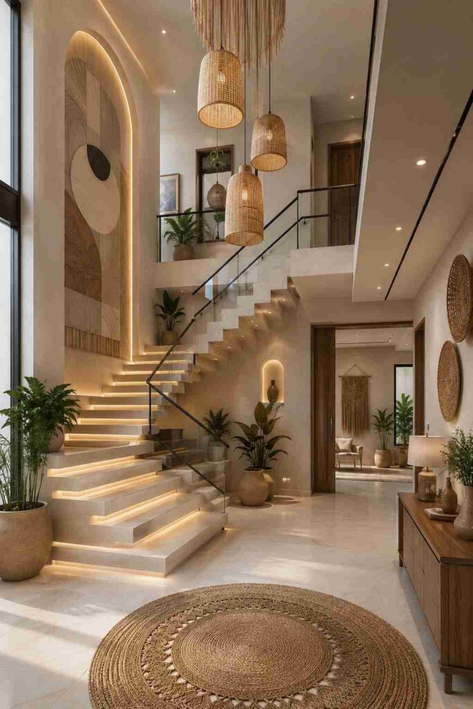 Modern boho staircase with floating LED-lit steps, glass railing, woven pendant lights, double-height ceiling, natural wood accents, earthy décor, and luxury contemporary home interior.
