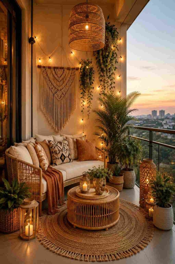 Boho chic apartment balcony with a rattan sofa, woven coffee table, macramé wall hanging, pendant light, fairy lights, decorative lanterns, indoor plants, and cozy outdoor seating overlooking a beautiful sunset city view.