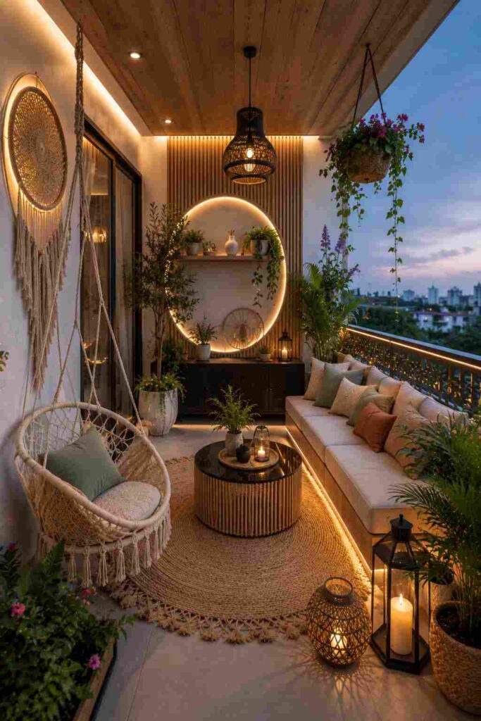 Boho luxury apartment balcony featuring a hanging macramé swing chair, built-in bench seating, illuminated circular wall niche, wooden ceiling, warm LED lighting, woven pendant light, decorative lanterns, lush indoor plants, and a stylish outdoor lounge overlooking a beautiful city skyline.