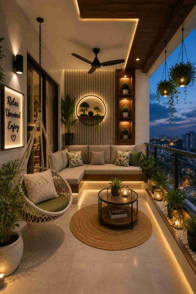 Luxury balcony seating area with an L-shaped sofa, hanging swing chair, ambient LED lighting, decorative wall panel, indoor plants, wooden ceiling, and city skyline view for a stylish outdoor living space.
