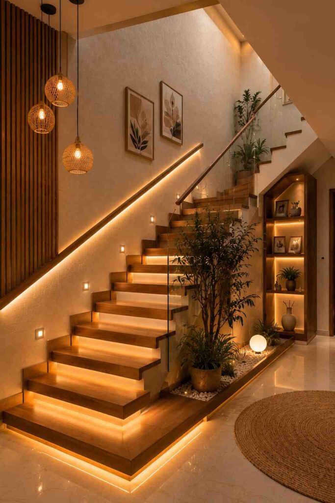 Modern luxury floating wooden staircase with integrated LED lighting, glass railing, pendant lights, indoor plants, built-in display shelves, and warm contemporary home interior design.
