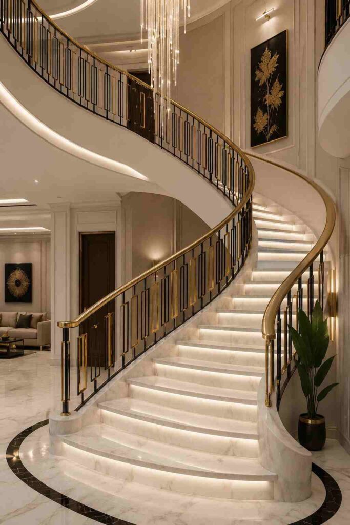 Luxury curved white marble staircase with warm LED step lights, black and gold metal railings, crystal chandelier, double-height foyer, and elegant modern classic home interior design.