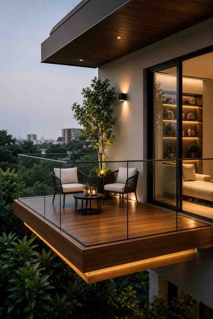 Modern floating balcony with a wooden deck, frameless glass railing, cozy outdoor chairs, round coffee table, warm LED lighting, decorative tree, and contemporary home exterior overlooking lush greenery and a peaceful skyline.
