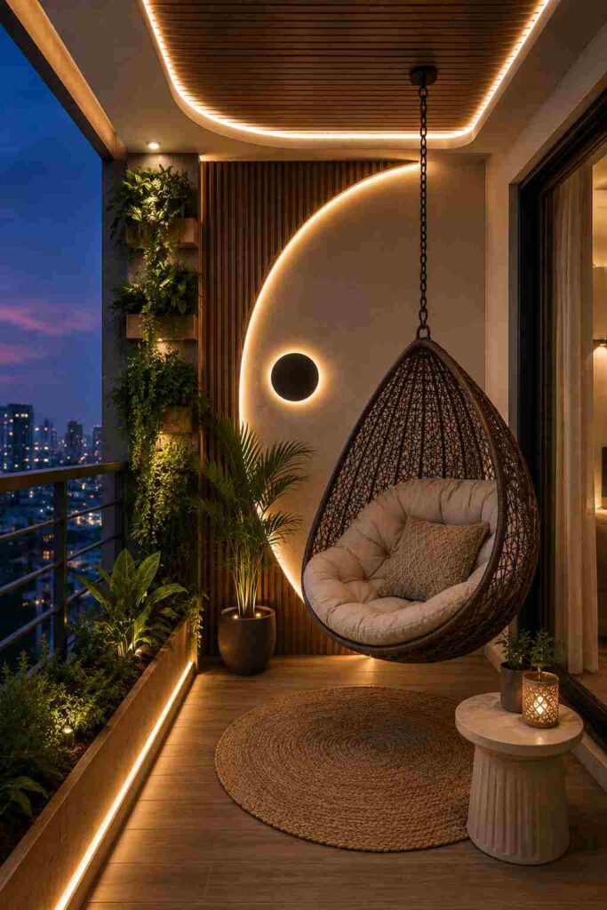 Luxury modern apartment balcony featuring a hanging cocoon swing chair, warm LED ceiling lighting, illuminated curved accent wall, wooden slat panel, vertical garden, decorative plants, round woven rug, side table with lantern, and a stunning city skyline view at dusk.