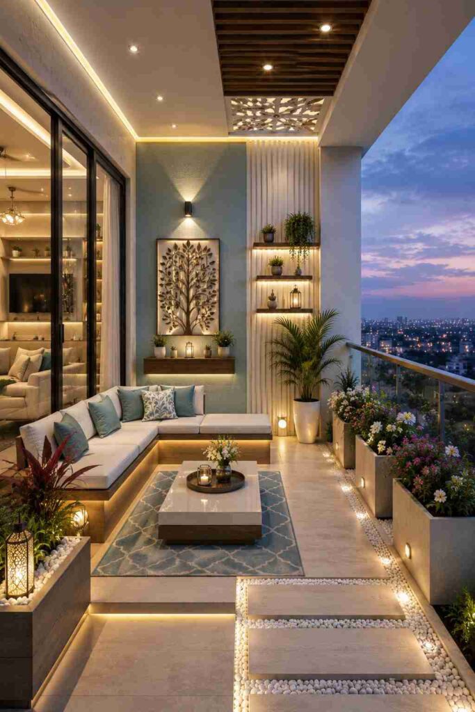 Modern luxury balcony with L-shaped lounge seating, warm LED lighting, decorative wall art, floating shelves, wooden ceiling panels, indoor plants, elegant planters, and stunning city skyline views at dusk.