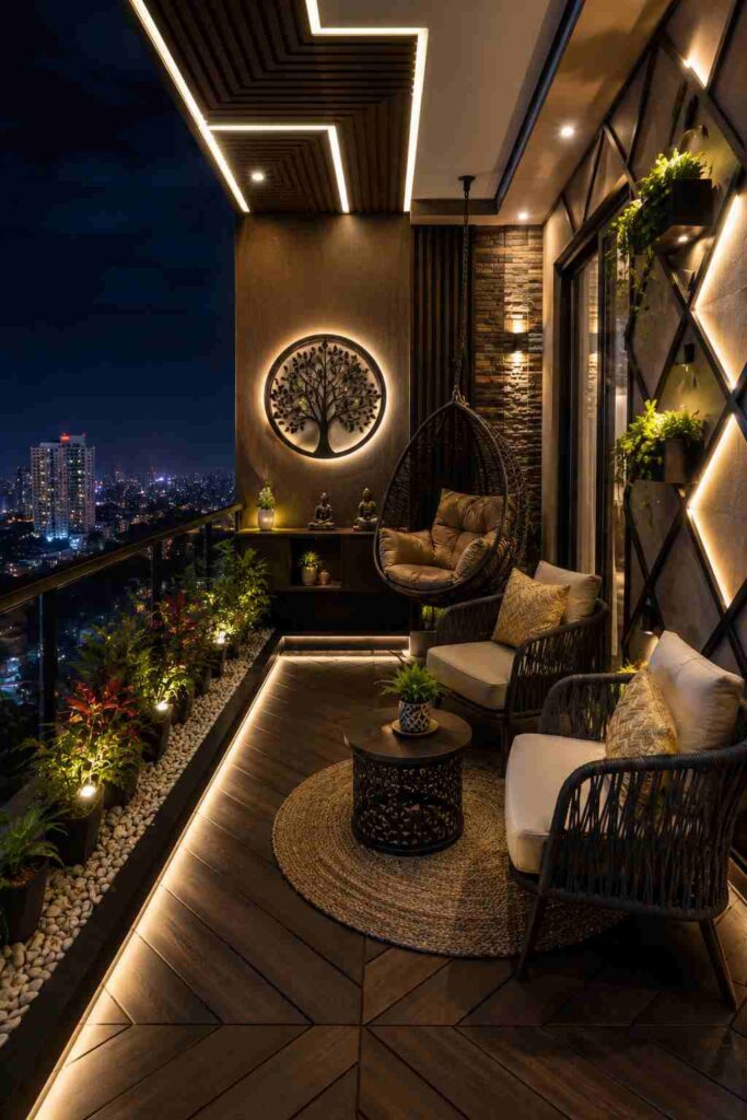 Luxury apartment balcony lounge with a hanging egg chair, outdoor seating, decorative wall feature, ambient LED lighting, indoor plants, wooden flooring, and panoramic city skyline view at night.