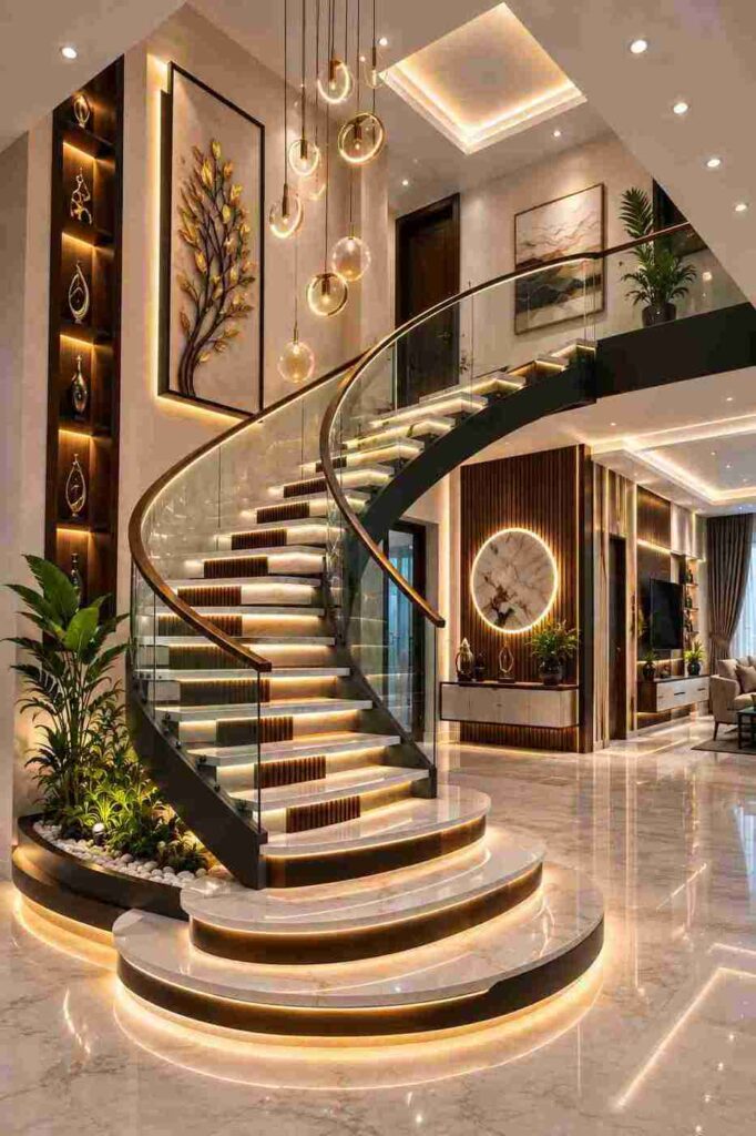 Luxury curved staircase with glass railing, illuminated steps, pendant lights, and elegant foyer decor