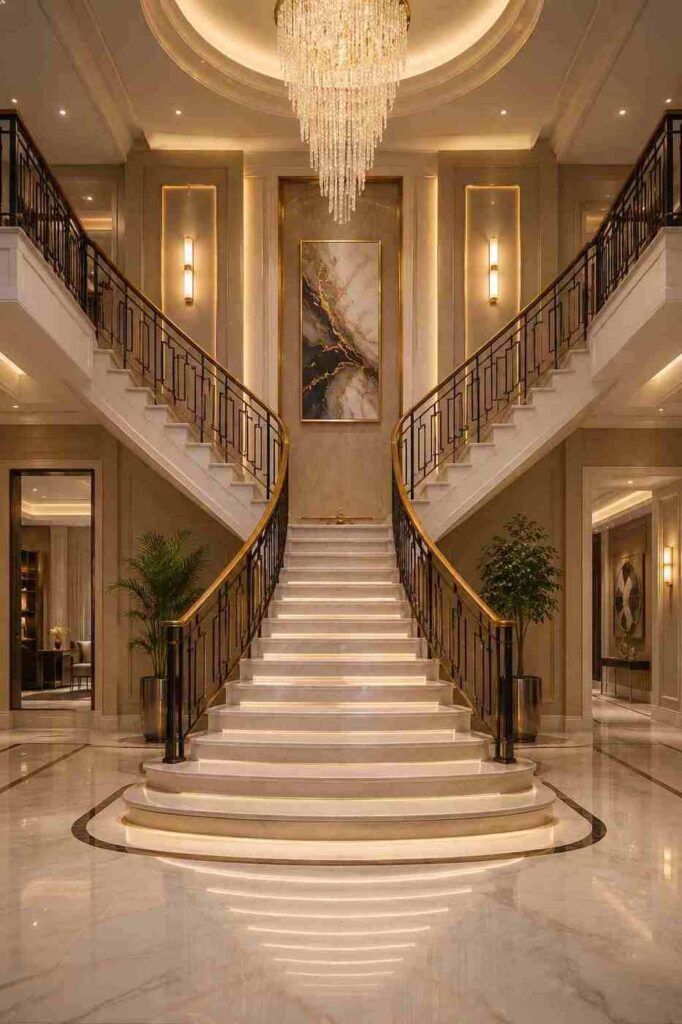 Luxury grand staircase interior with elegant railings, statement chandelier, artwork wall, and warm lighting