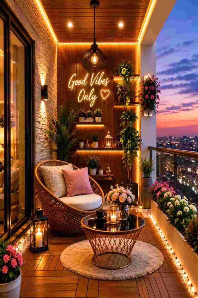 Modern luxury apartment balcony with a cozy rattan lounge chair, warm LED strip lighting, wooden accent wall, decorative plant shelves, neon "Good Vibes Only" sign, flowering plants, stylish coffee table, and a stunning city skyline at sunset.