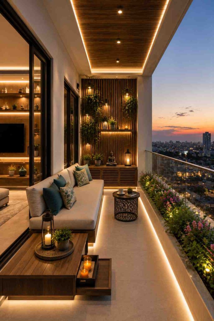 Contemporary luxury apartment balcony with a built-in outdoor sofa, warm LED ceiling and floor lighting, wooden slat accent wall, decorative plants, elegant coffee table, glass railing, and panoramic city skyline views, creating a stylish and cozy outdoor retreat.