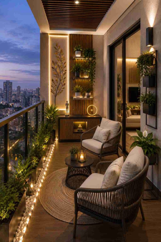 Luxury modern apartment balcony with cozy outdoor lounge chairs, warm LED strip lighting, wooden accent wall, vertical plant shelves, decorative candles, round coffee table, lush greenery, and a stunning city skyline view for a relaxing outdoor living space.