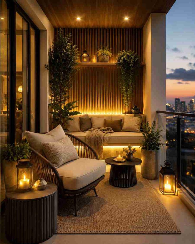 Elegant modern apartment balcony with a built-in bench, cozy lounge chair, warm LED lighting, wooden slat accent wall, decorative lanterns, indoor plants, and a stylish city-view seating area designed for comfort and relaxation.