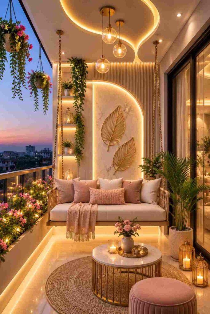 Modern luxury balcony with a hanging swing sofa, curved LED ceiling, marble accent wall, warm pendant lighting, indoor plants, decorative lanterns, and elegant outdoor seating overlooking the city at sunset.