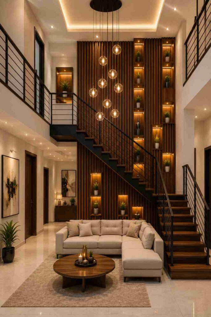 Modern double-height staircase with wooden steps, black metal railing, vertical wood slat feature wall, illuminated display niches, pendant lighting, and contemporary luxury living room interior.