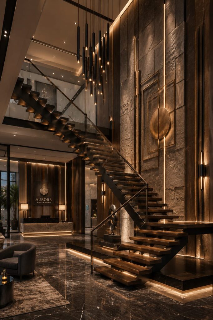 Ultra luxury floating staircase with wooden steps, black steel frame, frameless glass railing, LED step lighting, double-height feature wall, modern pendant chandelier, polished marble floor, premium contemporary home interior design.