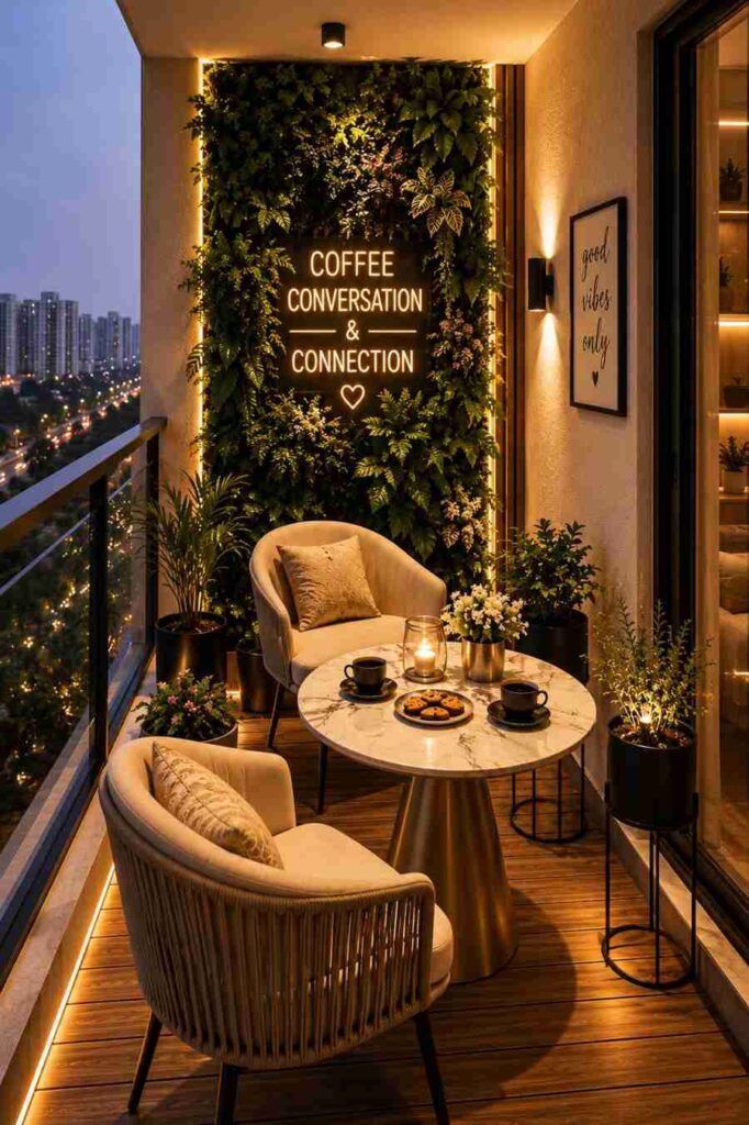 Modern luxury apartment balcony featuring a cozy coffee corner with two upholstered chairs, a round marble table, illuminated vertical garden wall, warm LED lighting, decorative plants, wooden flooring, and a beautiful city skyline at dusk.