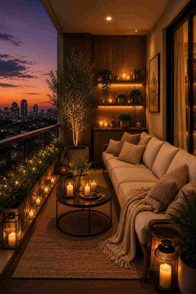 Cozy luxury apartment balcony featuring a comfortable outdoor sofa, candlelit coffee table, wooden accent wall with illuminated shelves, decorative plants, warm ambient lighting, and a stunning sunset city skyline for a relaxing outdoor living space.