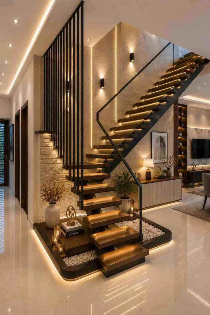 Modern floating staircase with wooden steps, black railing, LED lighting, and textured wall
