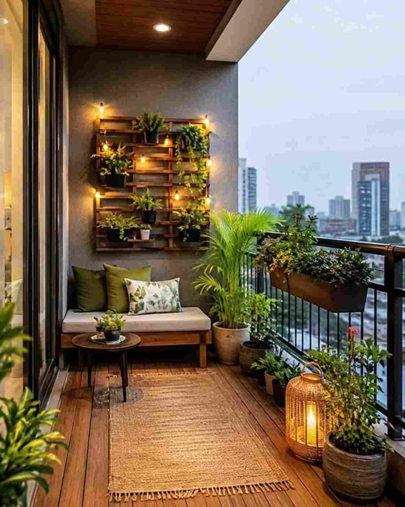 Modern luxury apartment balcony featuring vertical garden wall, cozy wooden bench, warm ambient lighting, indoor plants, wooden flooring, and stylish outdoor seating with a city skyline view.