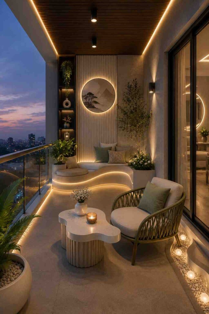 Modern luxury apartment balcony with a curved built-in bench, warm LED strip lighting, minimalist accent wall, stylish lounge chair, designer coffee table, decorative plants, glass railing, and panoramic city skyline views, creating a cozy and elegant outdoor living space.