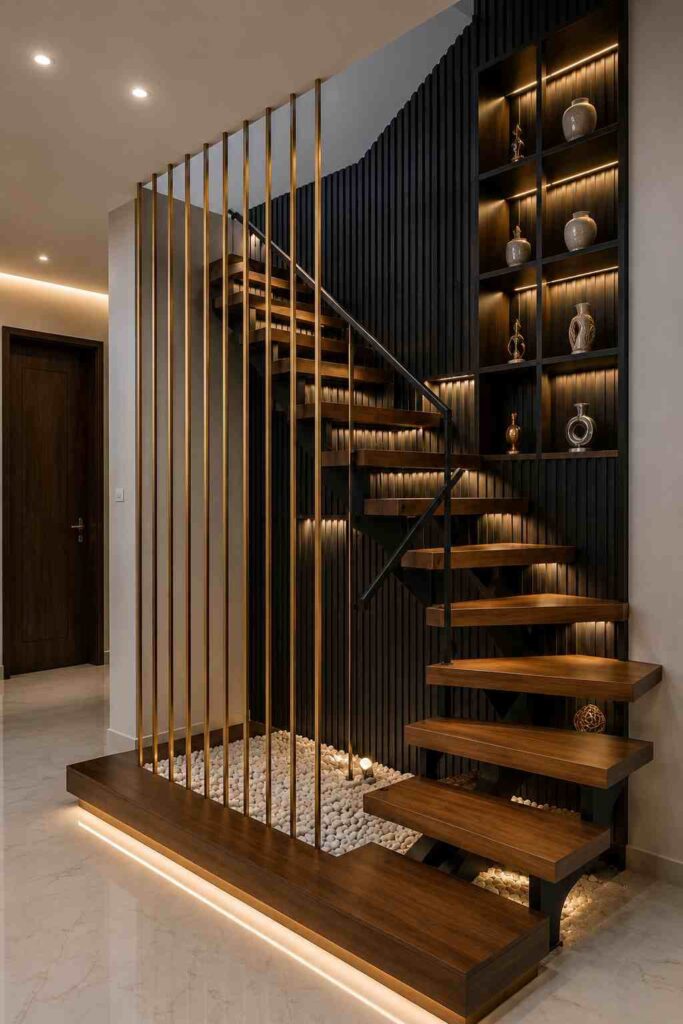Modern floating wooden staircase with warm LED step lighting, black fluted accent wall, gold metal partition, decorative display shelves, and luxury contemporary interior design.