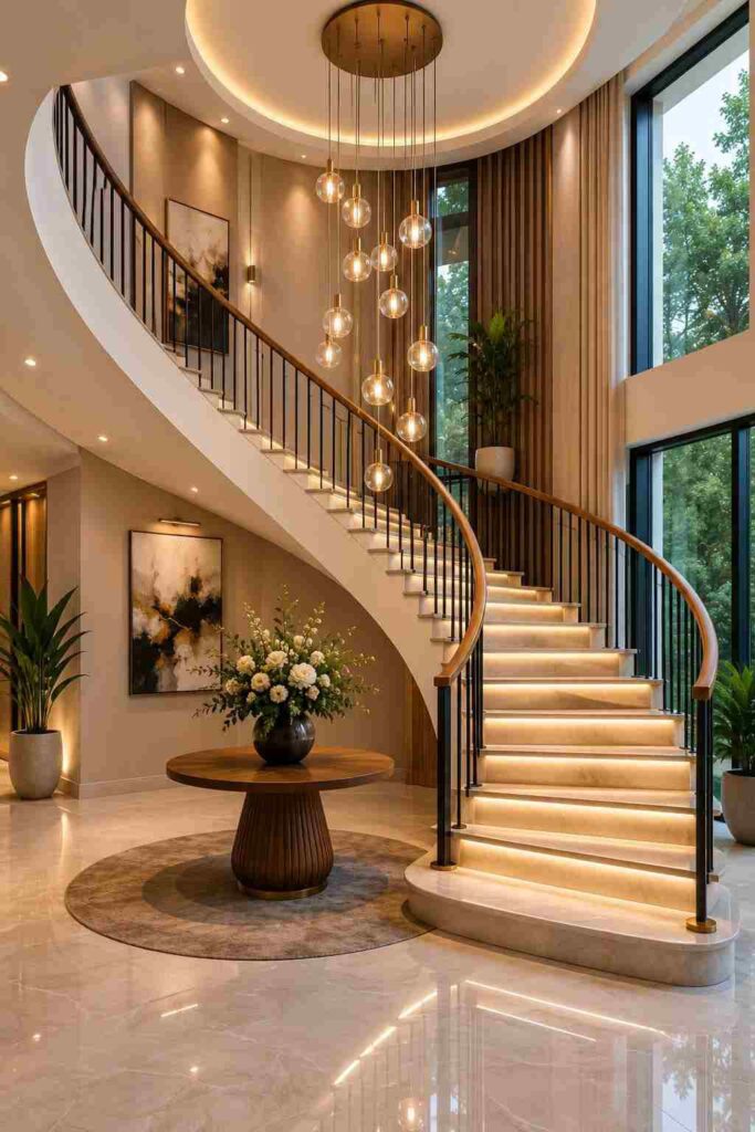Luxury curved staircase with LED-lit marble steps, black metal railings, modern pendant chandelier, double-height foyer, floor-to-ceiling windows, elegant home entrance, premium contemporary staircase design.