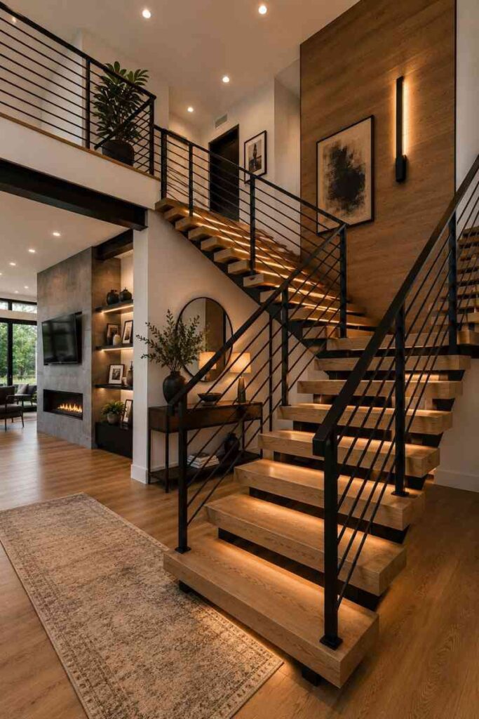 Modern open-riser staircase with wooden steps, black steel railings, warm LED step lighting, wood accent wall, luxury contemporary duplex home interior, elegant staircase design inspiration.