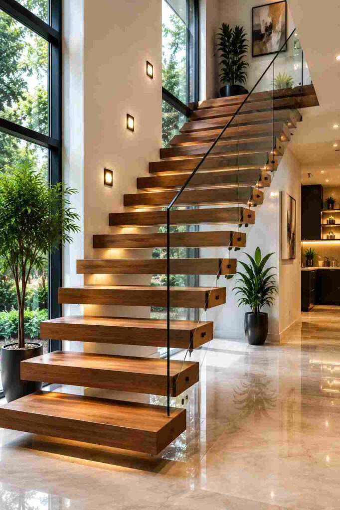 Modern floating wooden staircase with glass railing, warm LED lighting, large floor-to-ceiling windows, luxury contemporary home interior design, premium staircase ideas for modern houses.