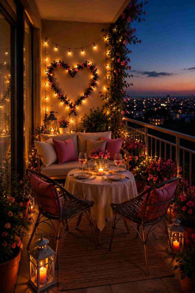 Romantic apartment balcony featuring warm fairy lights, heart-shaped floral wall décor, cozy seating, candlelit dining table, lanterns, blooming plants, and a stunning city skyline at sunset for an elegant outdoor retreat.