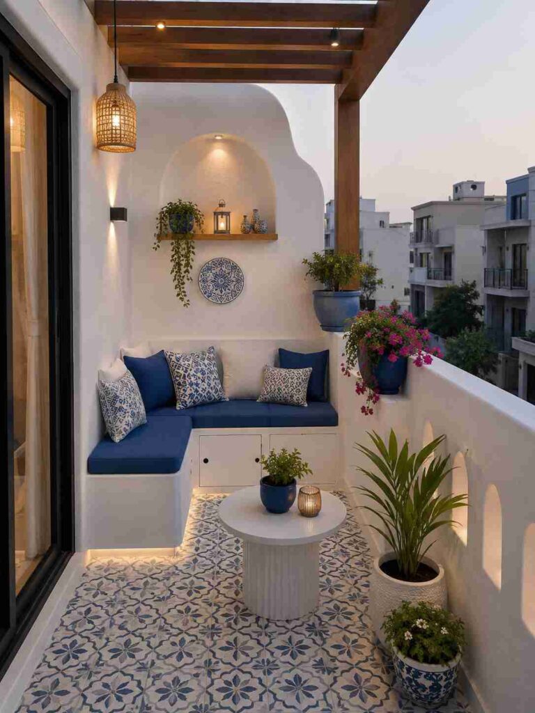 Mediterranean-style apartment balcony with built-in blue and white bench seating, decorative patterned floor tiles, arched wall niche, wooden pergola, hanging lantern, potted plants, and a round coffee table, creating a cozy and stylish outdoor retreat.