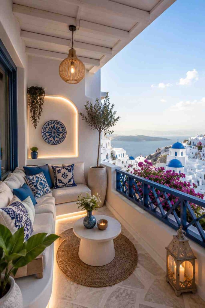 Luxury Santorini-inspired balcony featuring white seating, blue decorative cushions, warm LED lighting, Mediterranean décor, potted plants, lanterns, and breathtaking sea views.