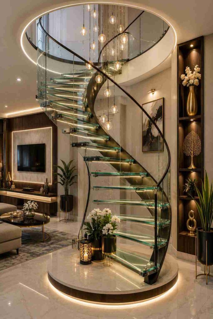 Modern luxury glass spiral staircase with LED-lit glass steps, black curved railing, double-height ceiling, pendant lighting, and elegant contemporary living room interior.