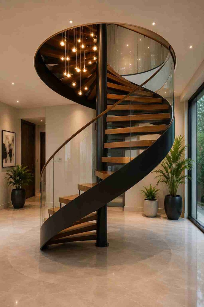 Luxury spiral staircase with wooden steps, black steel structure, frameless glass railing, modern pendant chandelier, contemporary duplex home interior, elegant helical staircase design inspiration.