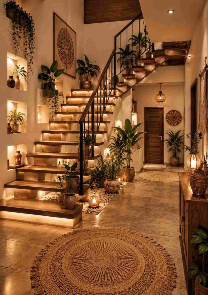 Warm boho staircase design featuring floating wooden steps, black metal railing, LED step lighting, indoor plants, wall niches, and earthy décor in a modern luxury home interior.