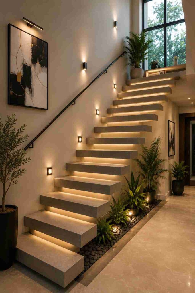 Modern floating staircase with warm LED step lighting, minimalist concrete stairs, black handrail, indoor plants, large window, luxury contemporary home interior, elegant staircase design inspiration.