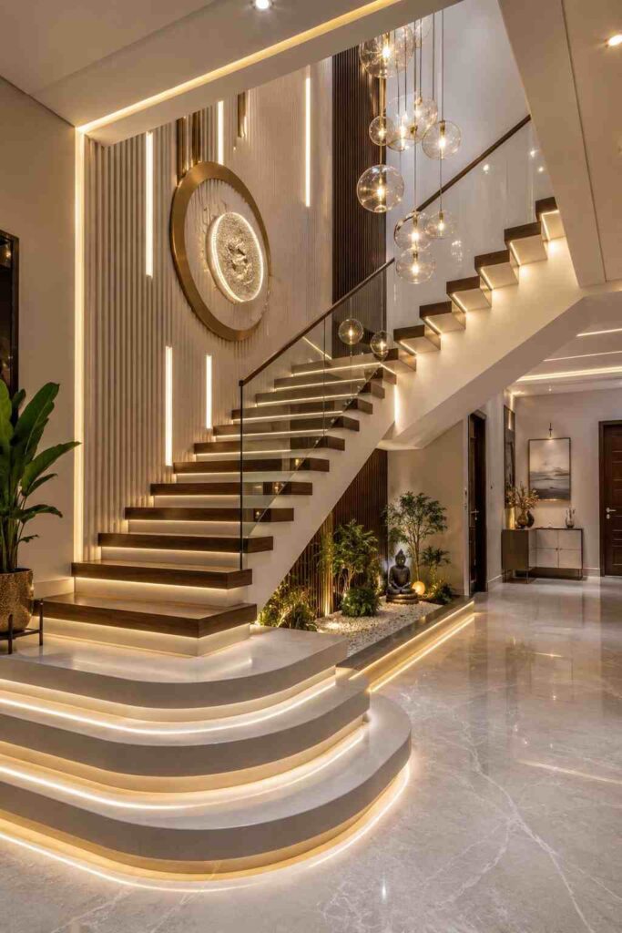 Modern floating staircase with wooden steps, frameless glass railing, warm LED lighting, double-height feature wall, globe pendant chandelier, luxury foyer, contemporary duplex home interior, premium staircase design inspiration.